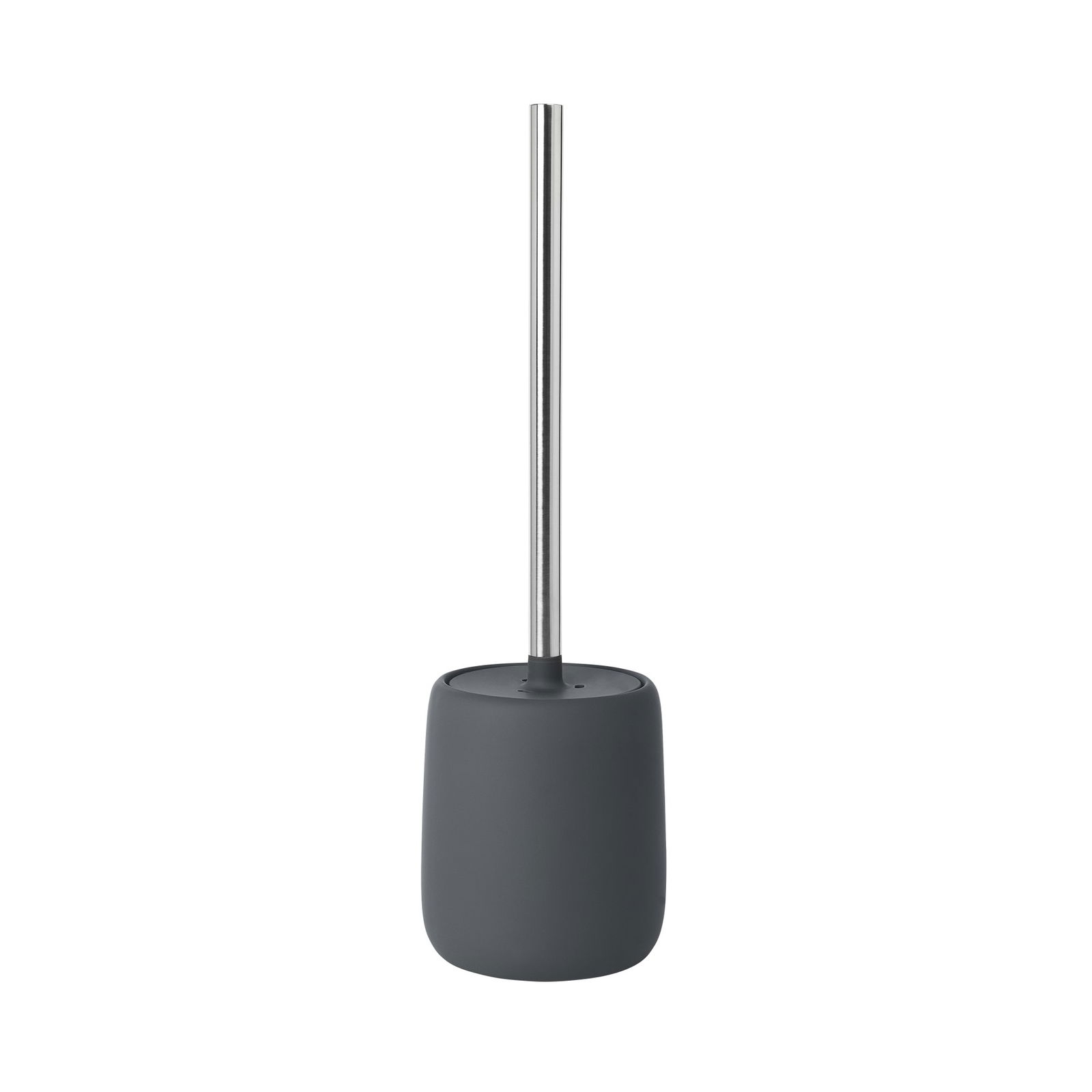 Minimalistischer grauer Toilettenbürstenhalter mit Edelstahlgriff auf schwarzem Hintergrund.