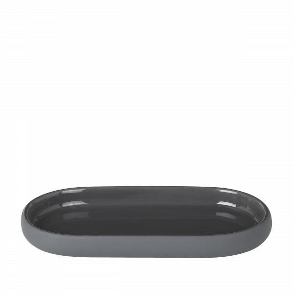 Sleek gray oval ceramic tray perfect for decorative or functional use.