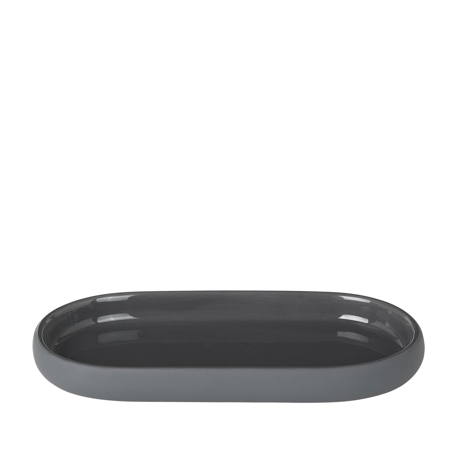 Sleek gray oval ceramic tray perfect for decorative or functional use.