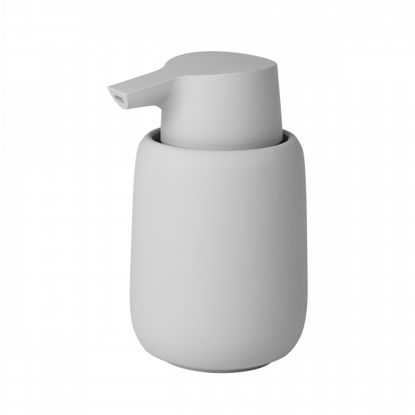 Minimalistischer grauer Seifenspender mit einem eleganten Design für moderne Badezimmer.