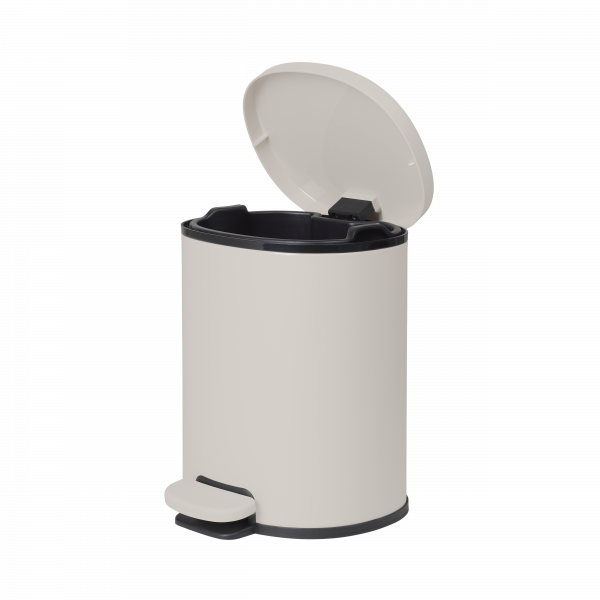 Light gray pedal bin with an open lid and black interior for easy waste disposal.