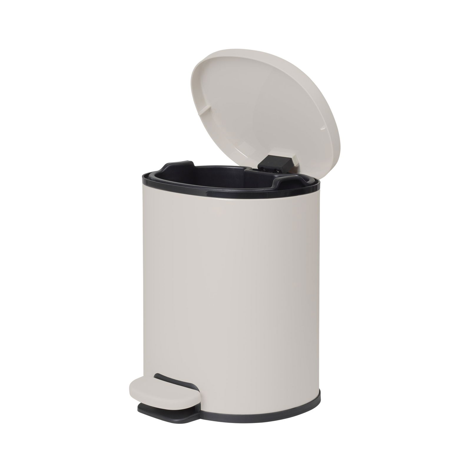 Light gray pedal bin with an open lid and black interior for easy waste disposal.