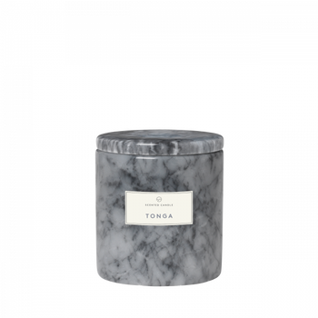 Elegant gray marble scented candle labeled "Tonga" for home decor and ambiance.