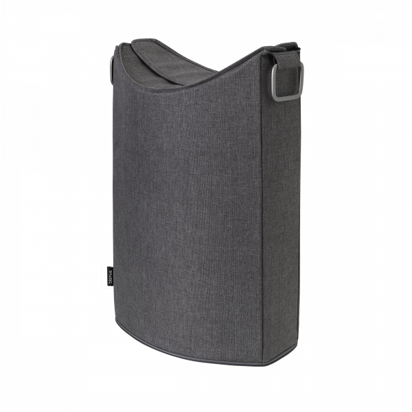 Stylische graue Stofftasche mit geschwungenem Design und verstellbarem Tragegurt.