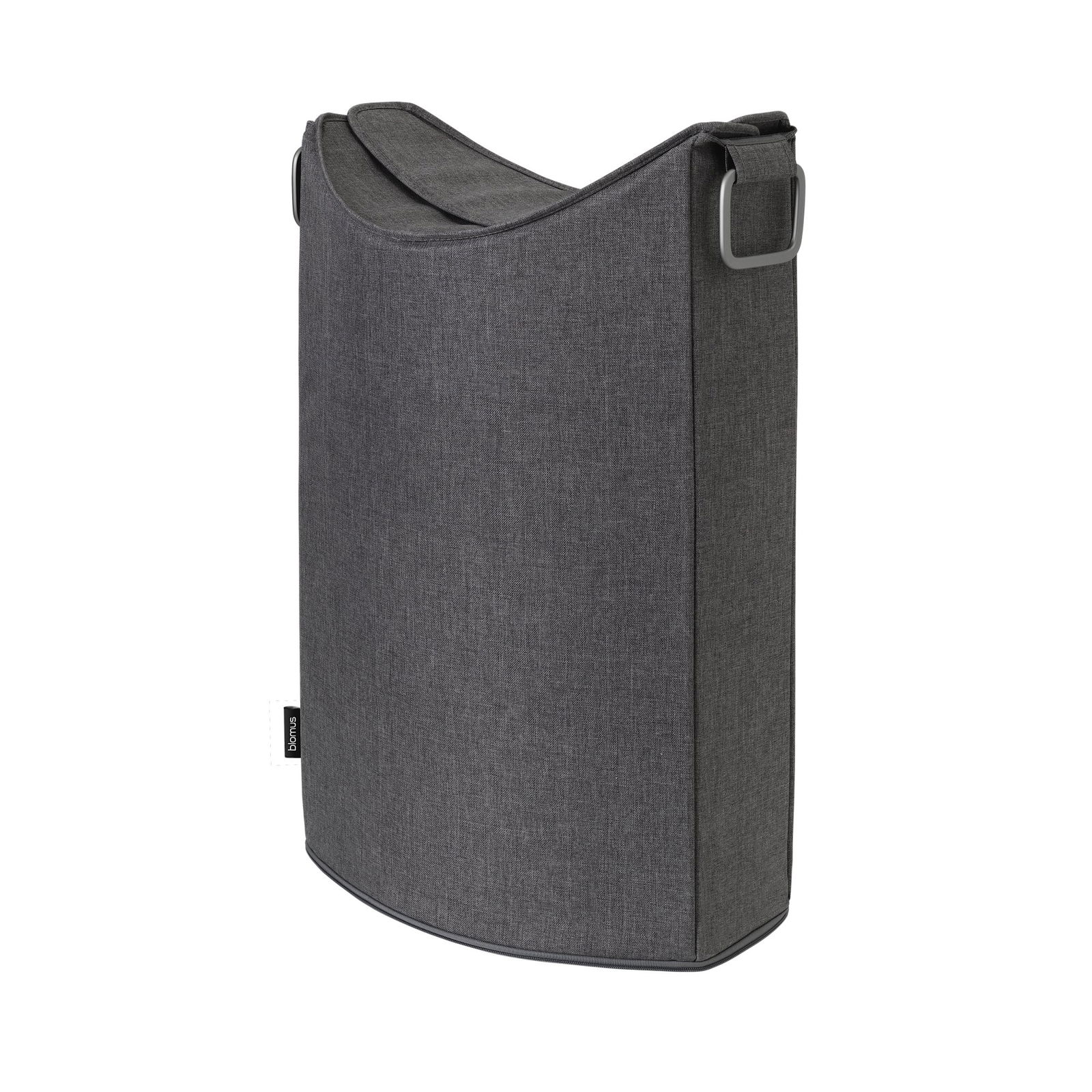 Stylische graue Stofftasche mit geschwungenem Design und verstellbarem Tragegurt.