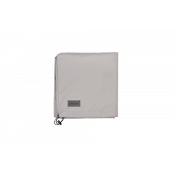 Light gray outdoor blanket with a branded tag for comfort and style.