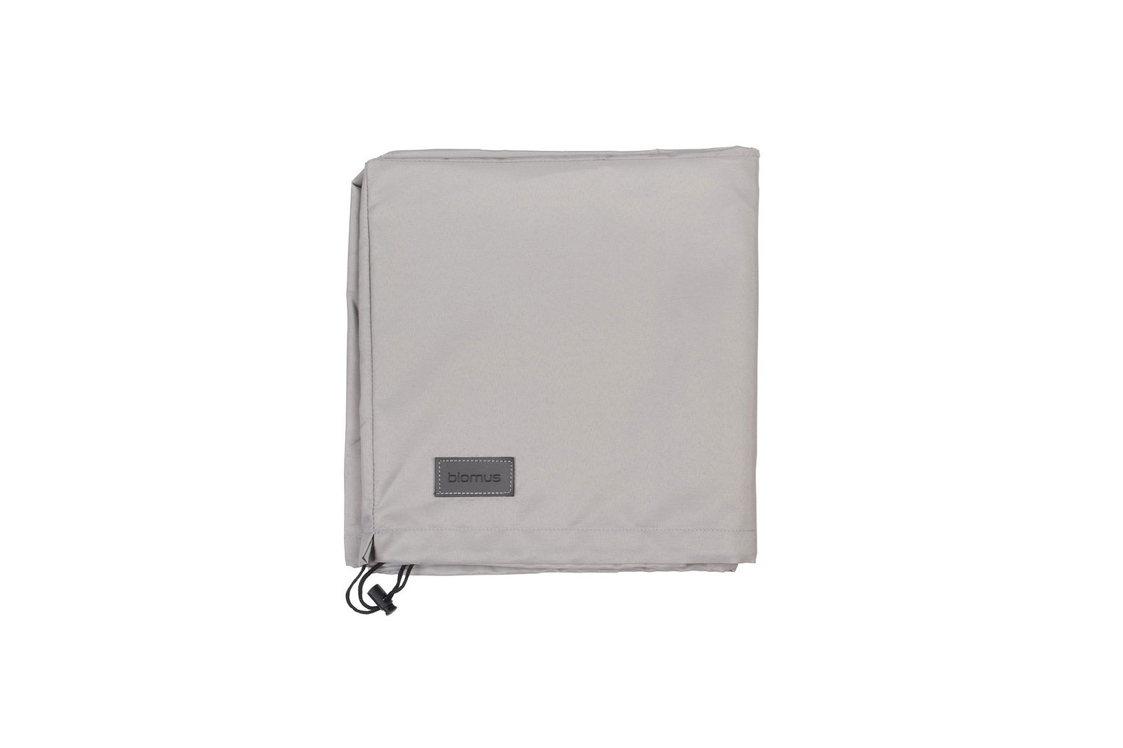 Light gray travel blanket with a sleek design and a branded tag.