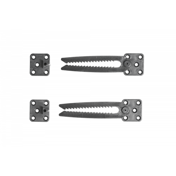 Metal hinges and brackets for furniture assembly on a white background.