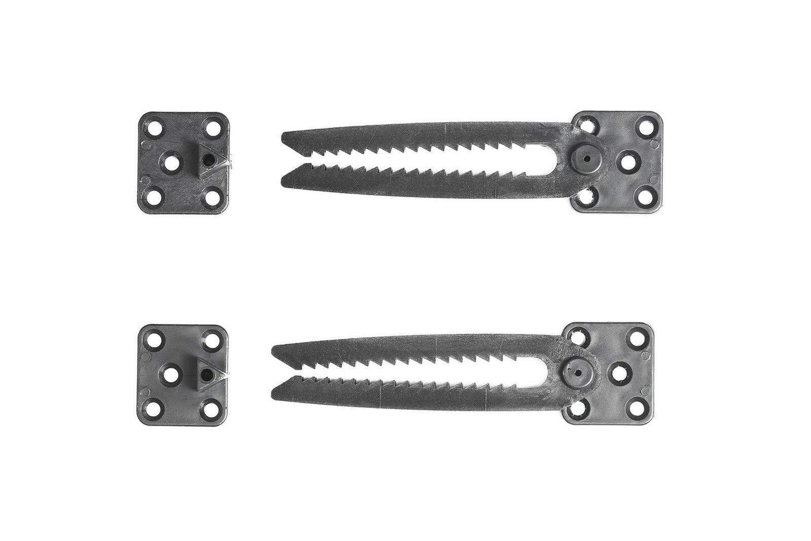 Metal hinges and brackets for furniture assembly on a white background.