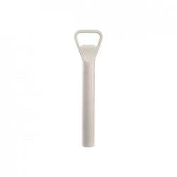 Neutral-colored garden shovel with a round handle on a black background.