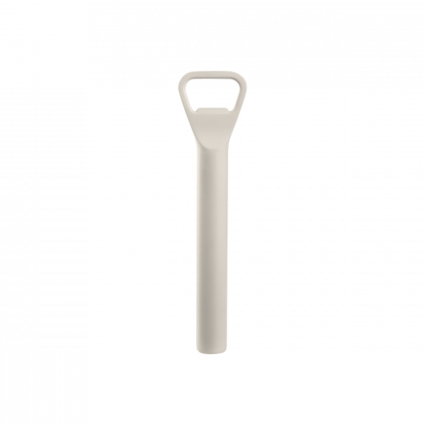 Neutral-colored garden shovel with a round handle on a black background.