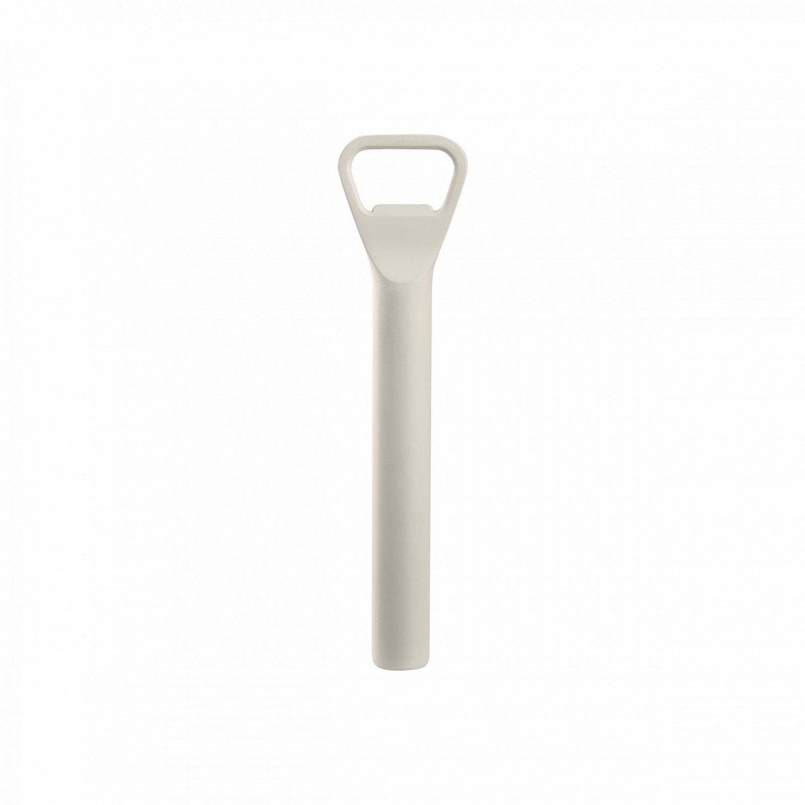 Neutral-colored garden shovel with a round handle on a black background.
