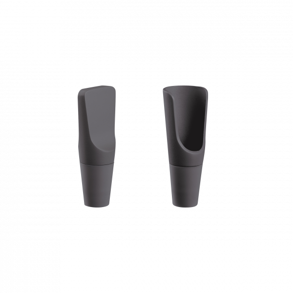 Set of two sleek black mouthpieces for wind instruments on a plain background.