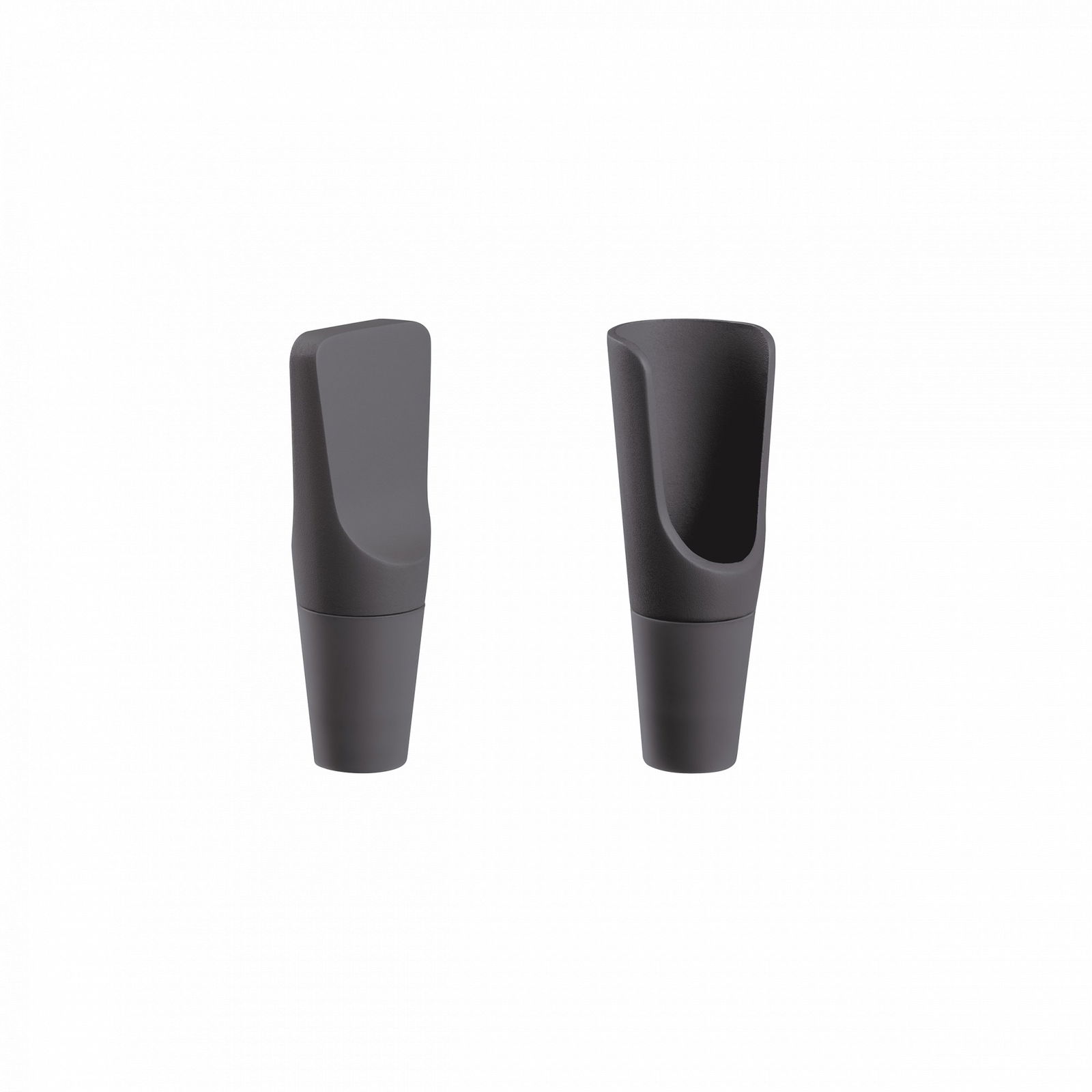 Set of two sleek black mouthpieces for wind instruments on a plain background.
