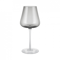 Elegant clear wine glass with a tapered bowl and a long stem on a black background.
