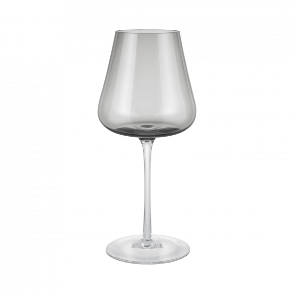 Elegantes klares Weinglas mit einem verjüngten Bauch und einem langen Stiel auf schwarzem Hintergrund.