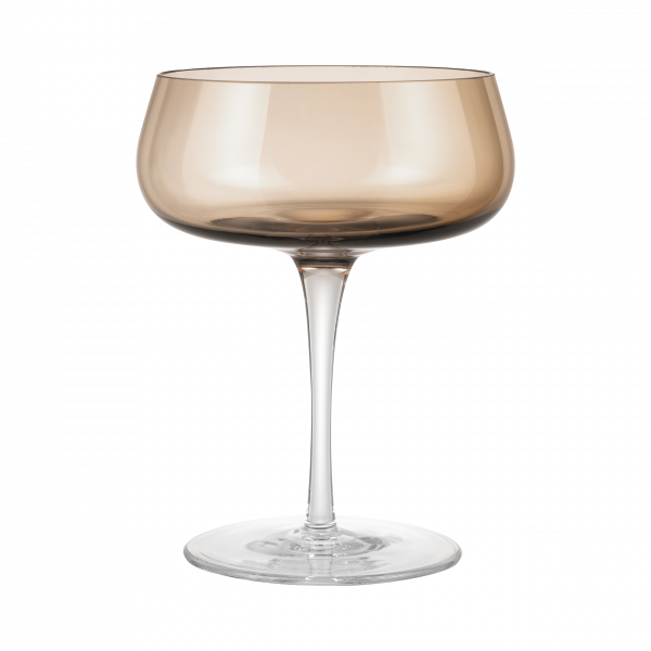 Elegantes bernsteinfarbenes Coupe-Glas mit einem hohen Stiel und breitem Schalen-Design.