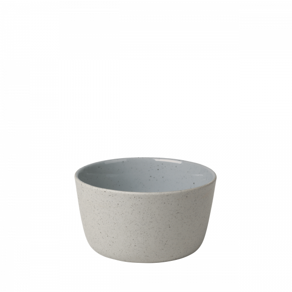 Light gray ceramic bowl with a smooth, glossy interior and a speckled exterior.