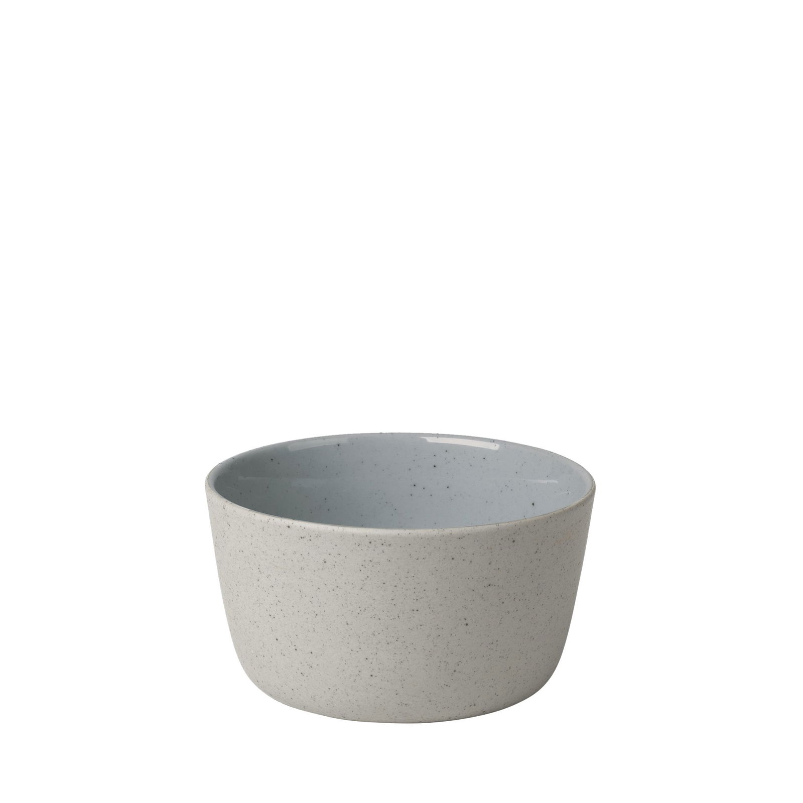 Light gray ceramic bowl with a smooth, glossy interior and a speckled exterior.