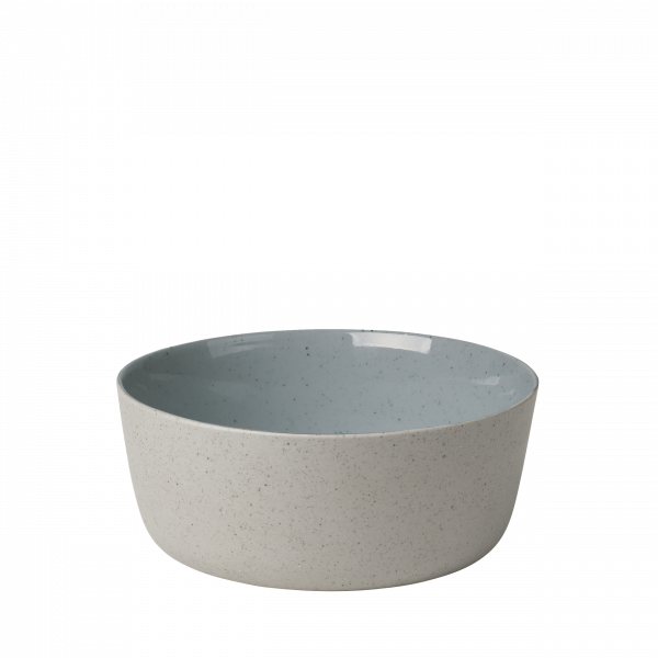 Stylish ceramic bowl with a light gray exterior and a soft blue interior.