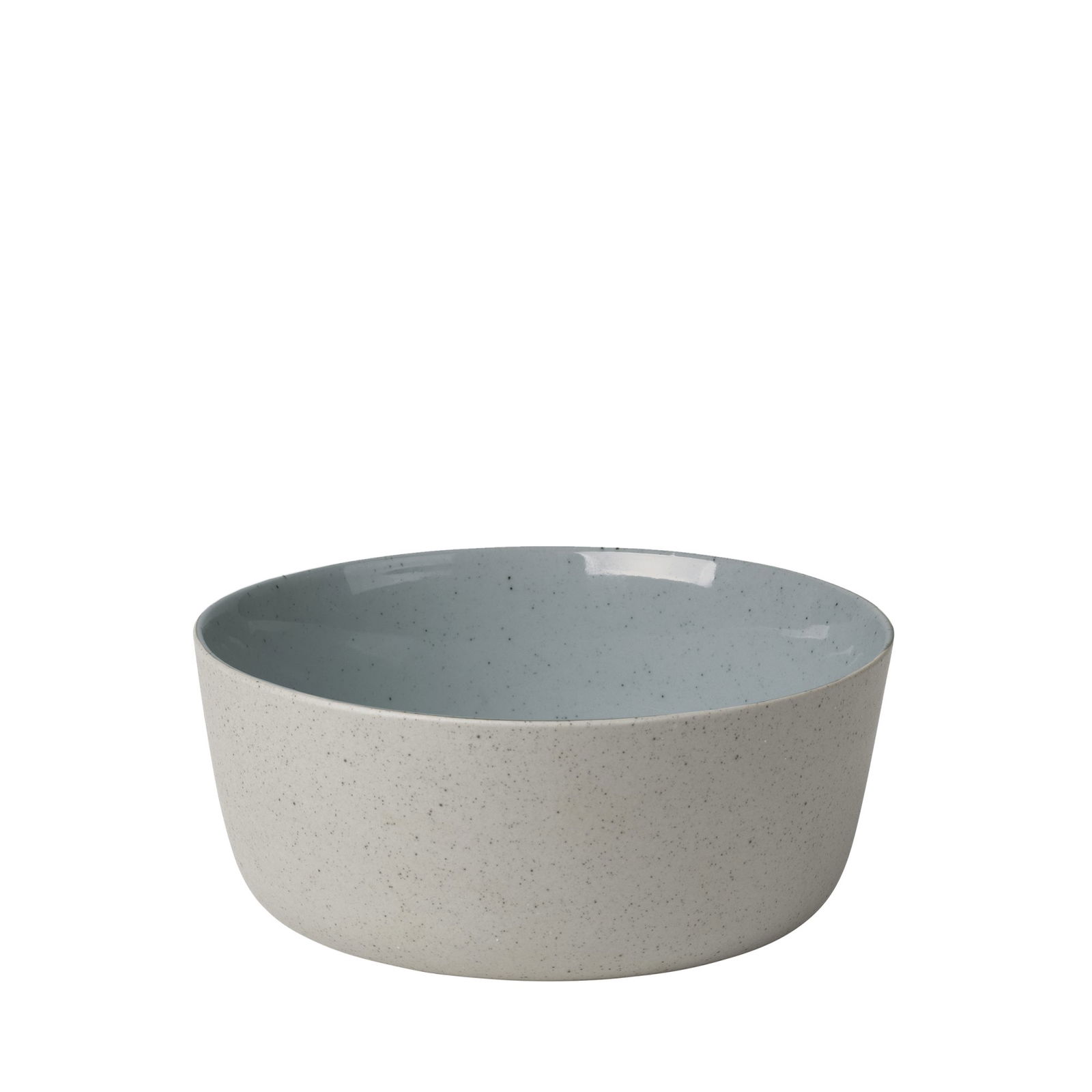 Stylish ceramic bowl with a light gray exterior and a soft blue interior.
