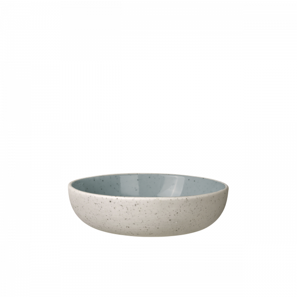 Keramische Schüssel mit einem gesprenkelten Design und hellblauem Inneren für stilvolles Essen.