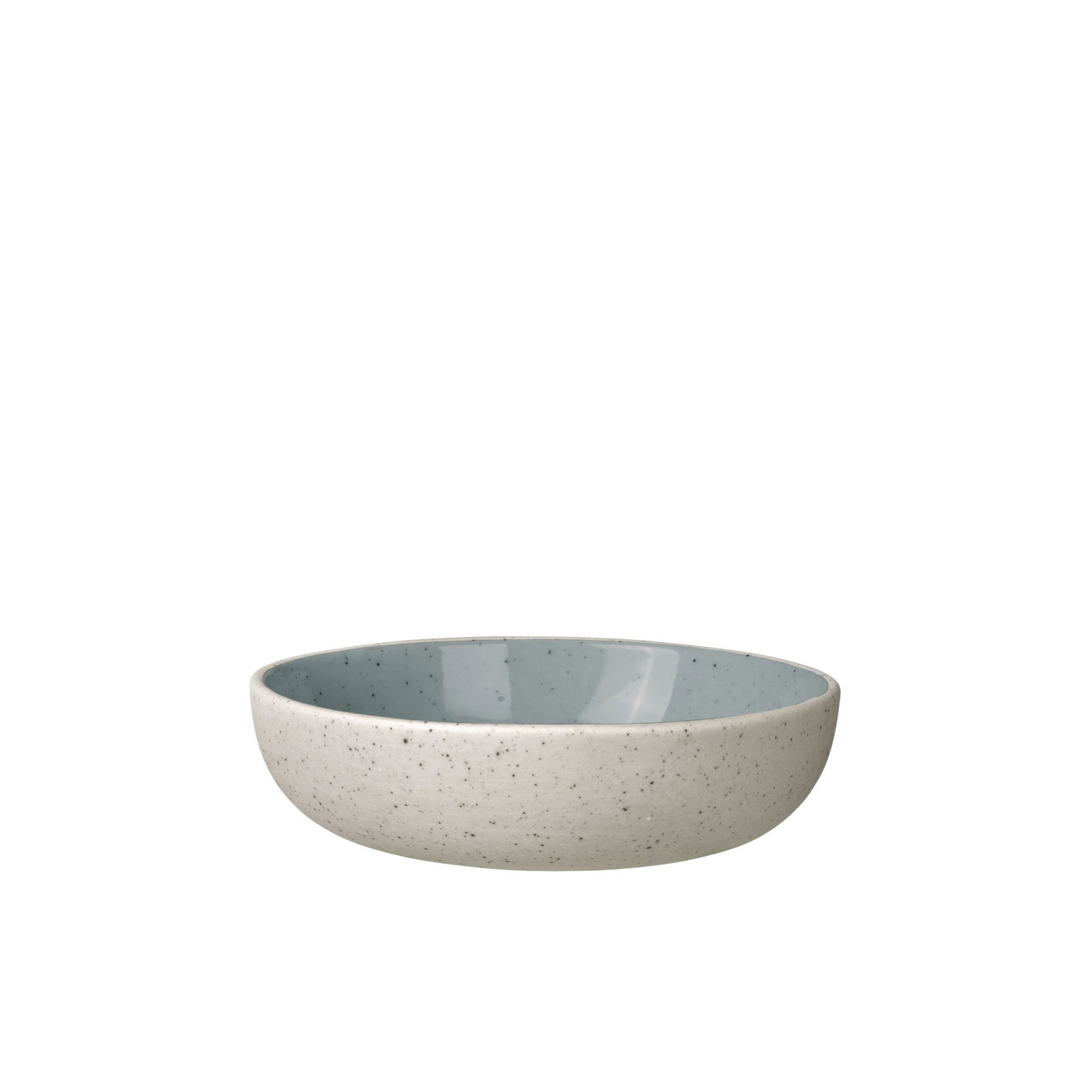 Keramische Schüssel mit einem gesprenkelten Design und hellblauem Inneren für stilvolles Essen.