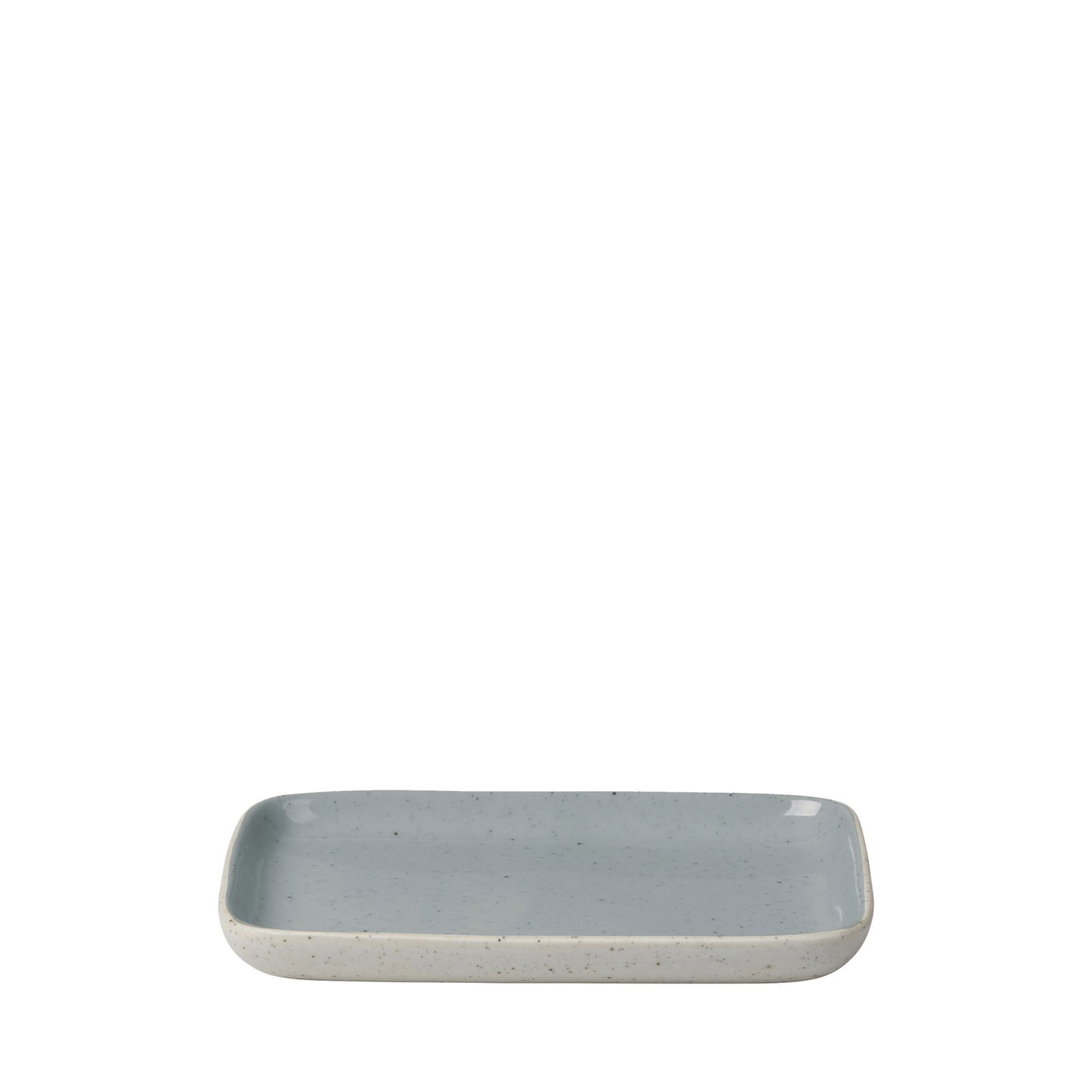 Light gray rectangular ceramic plate with a smooth surface and rounded edges.