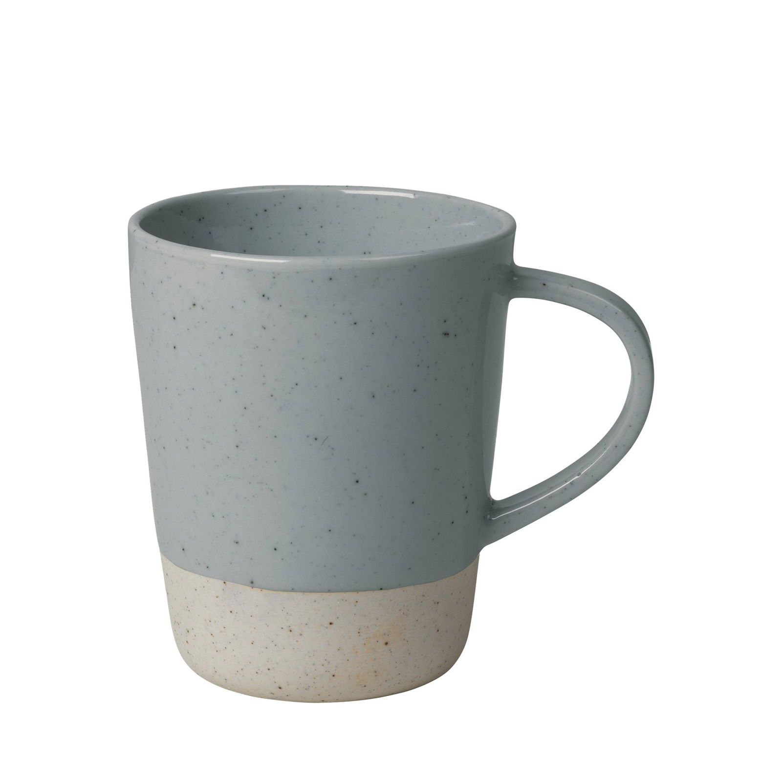 Blue speckled ceramic mug with a light beige base, perfect for coffee or tea.