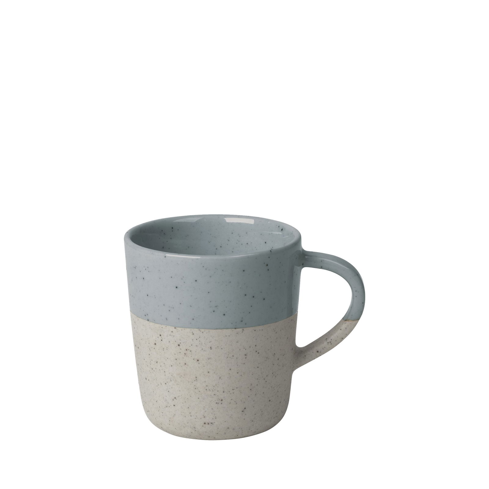 Ceramic mug with a speckled design in light blue and off-white colors.