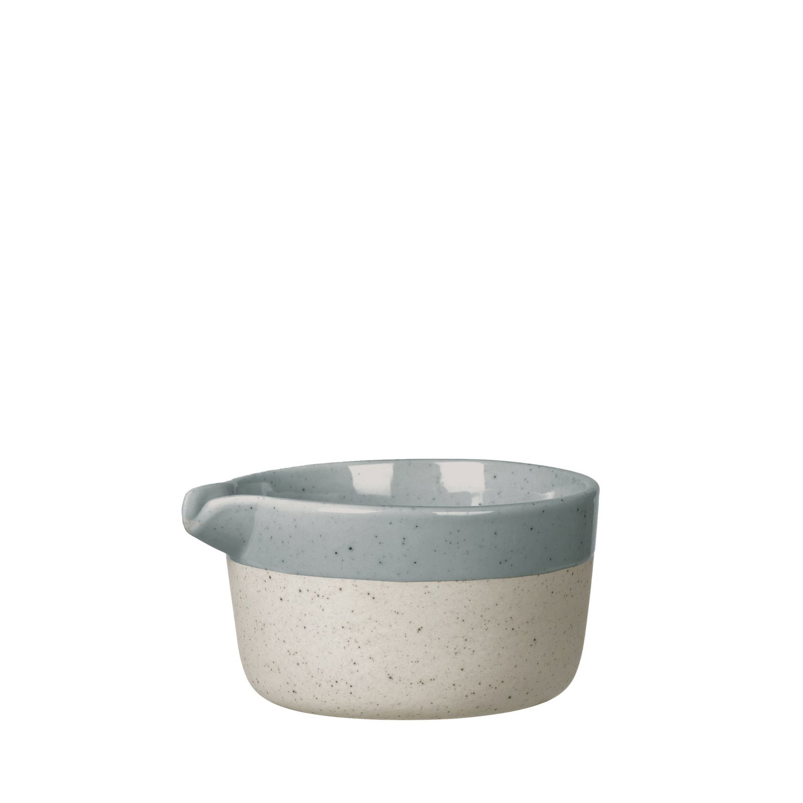 Small ceramic bowl with a speckled cream and blue design, perfect for serving sauces.