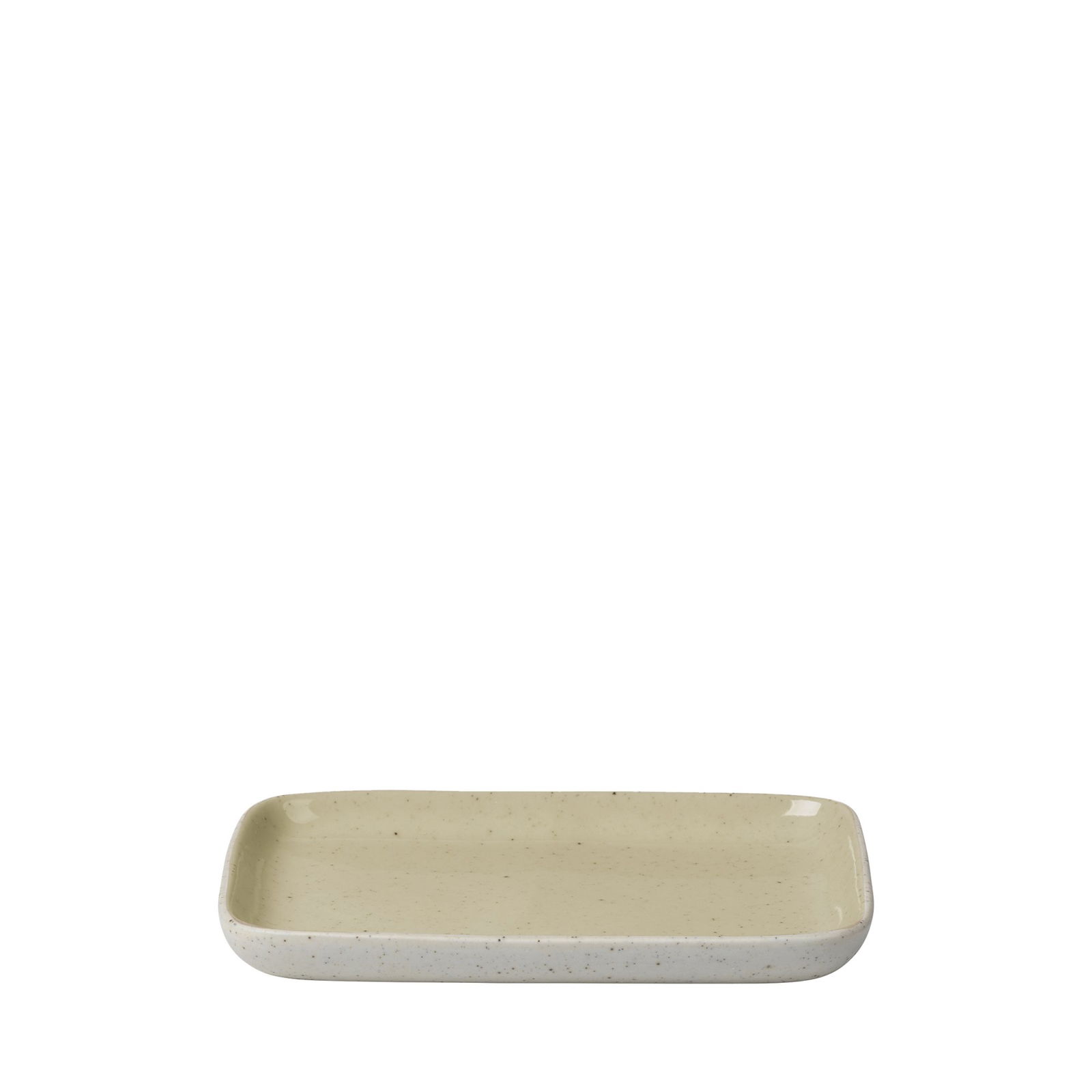 Minimalist ceramic serving platter with a speckled beige design on a white background.