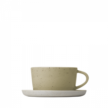 A stylish gray cup and saucer set with a speckled finish on a white background.