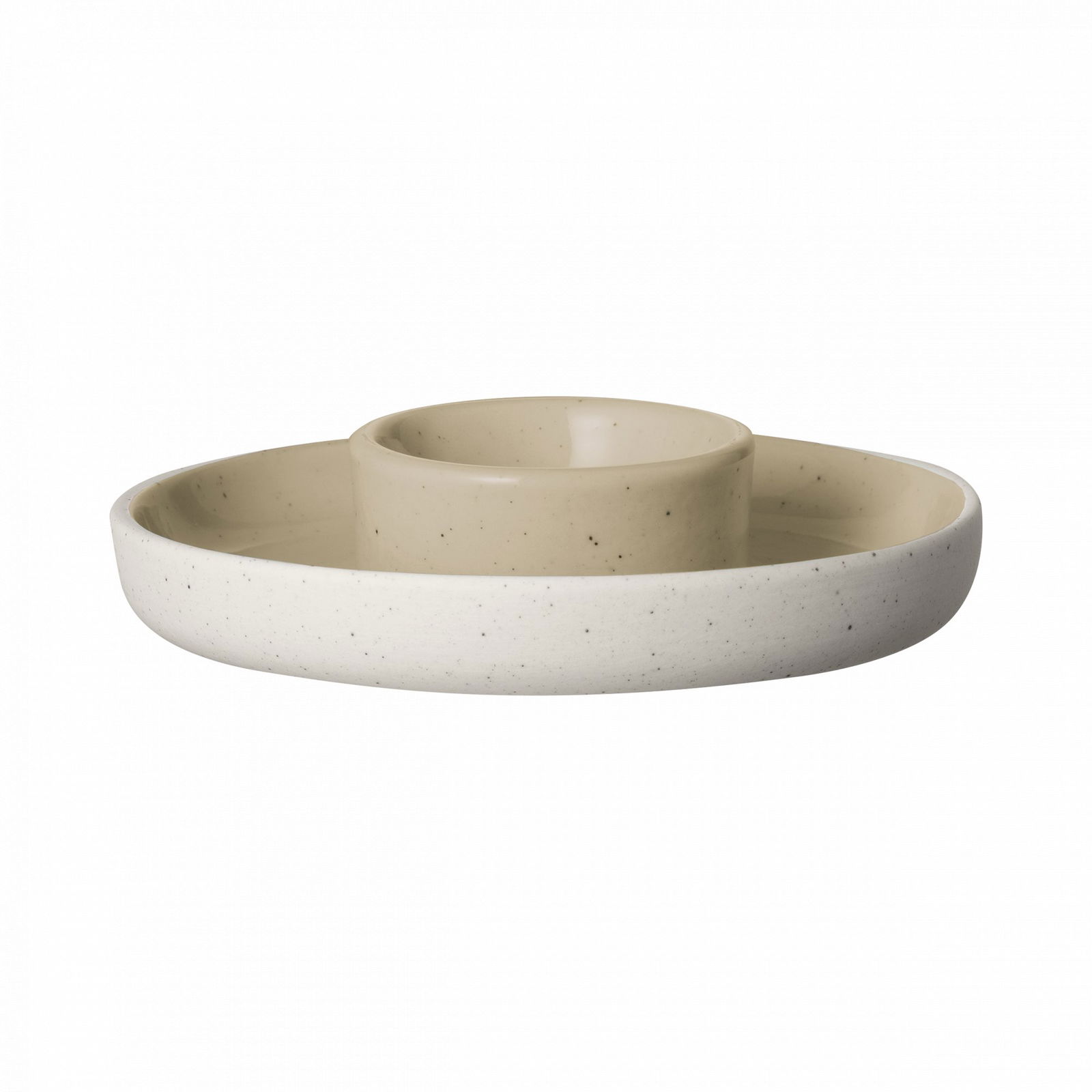 Elegantes beiges Keramik-Serviertablett mit einer zentralen Schüssel für Appetithäppchen.