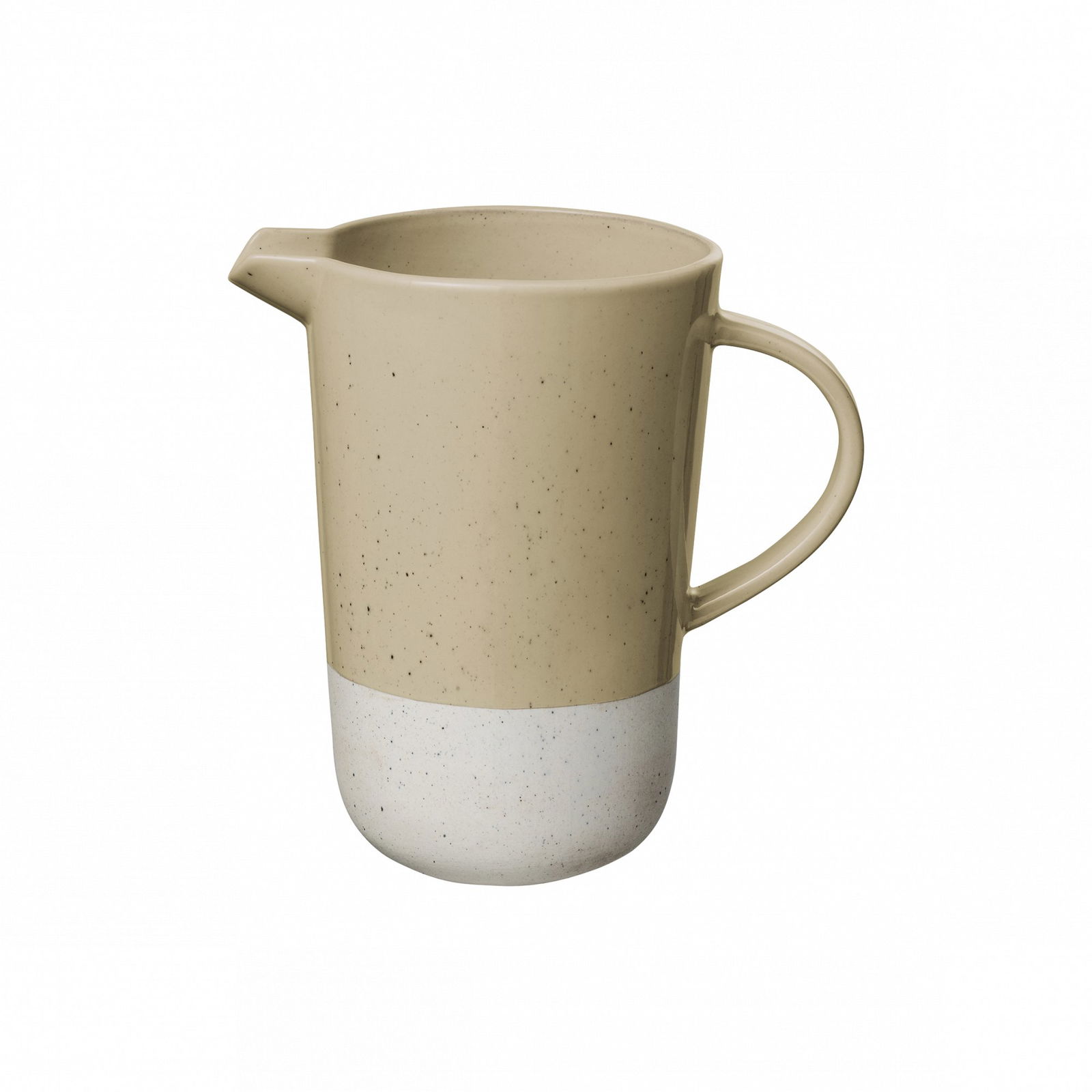 Beige ceramic pitcher with a speckled white bottom and a sleek handle.