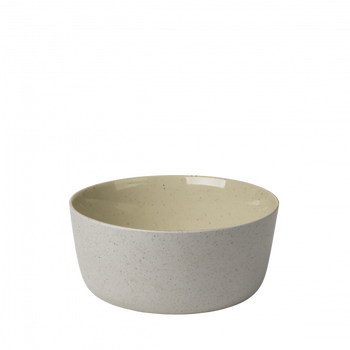 Light gray ceramic bowl with a smooth, glossy yellow interior and speckled design.