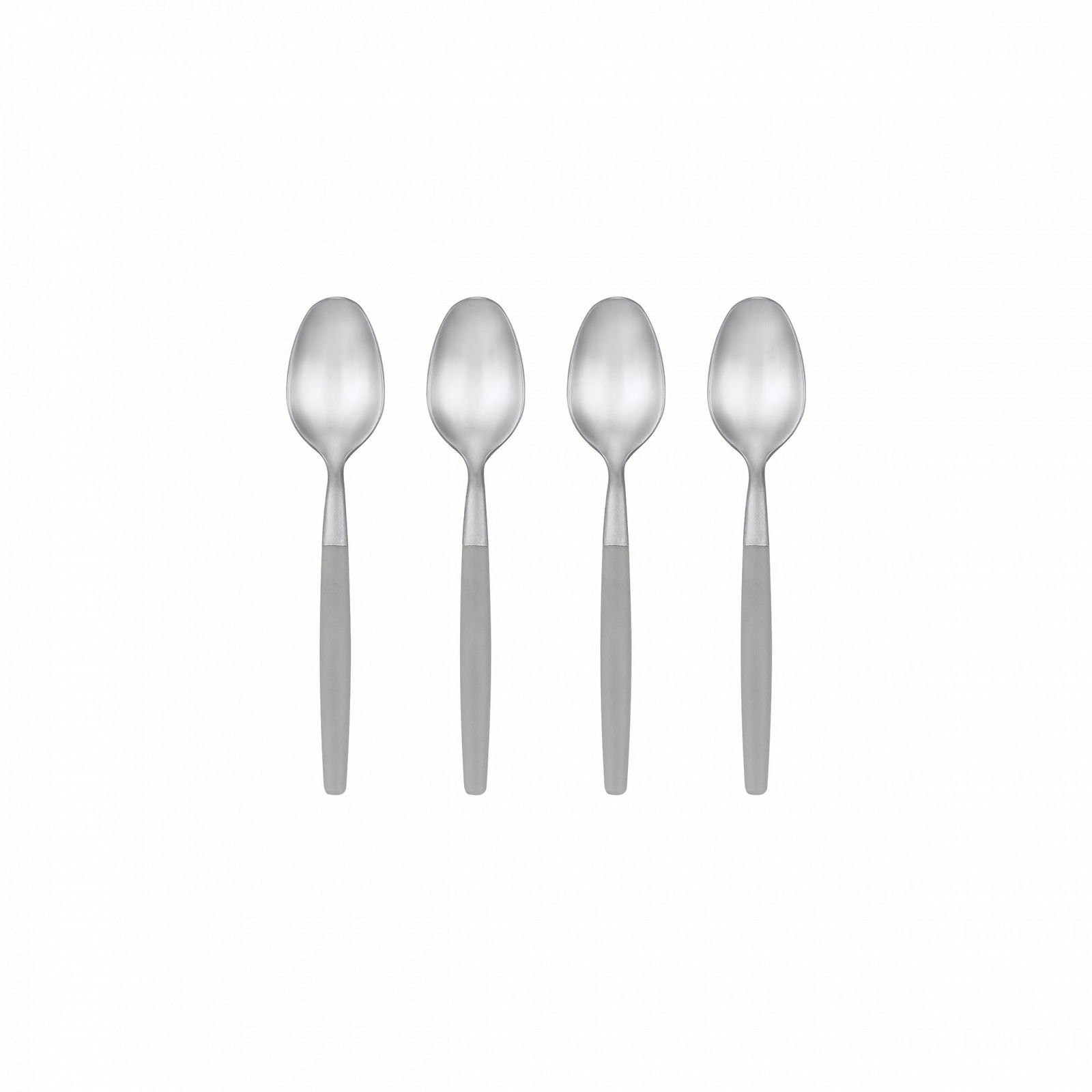 Four stainless steel spoons neatly arranged on a black background.