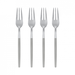 Set of four stainless steel forks with sleek design on a black background.