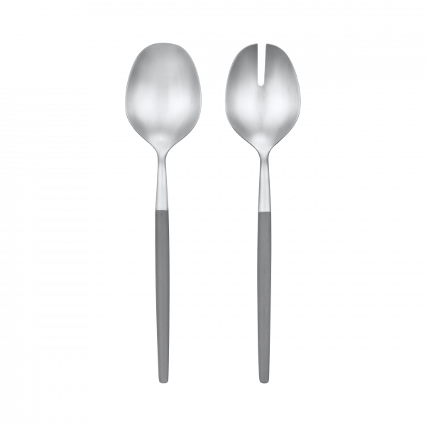 Modern stainless steel serving utensils with sleek design and contrasting handles.