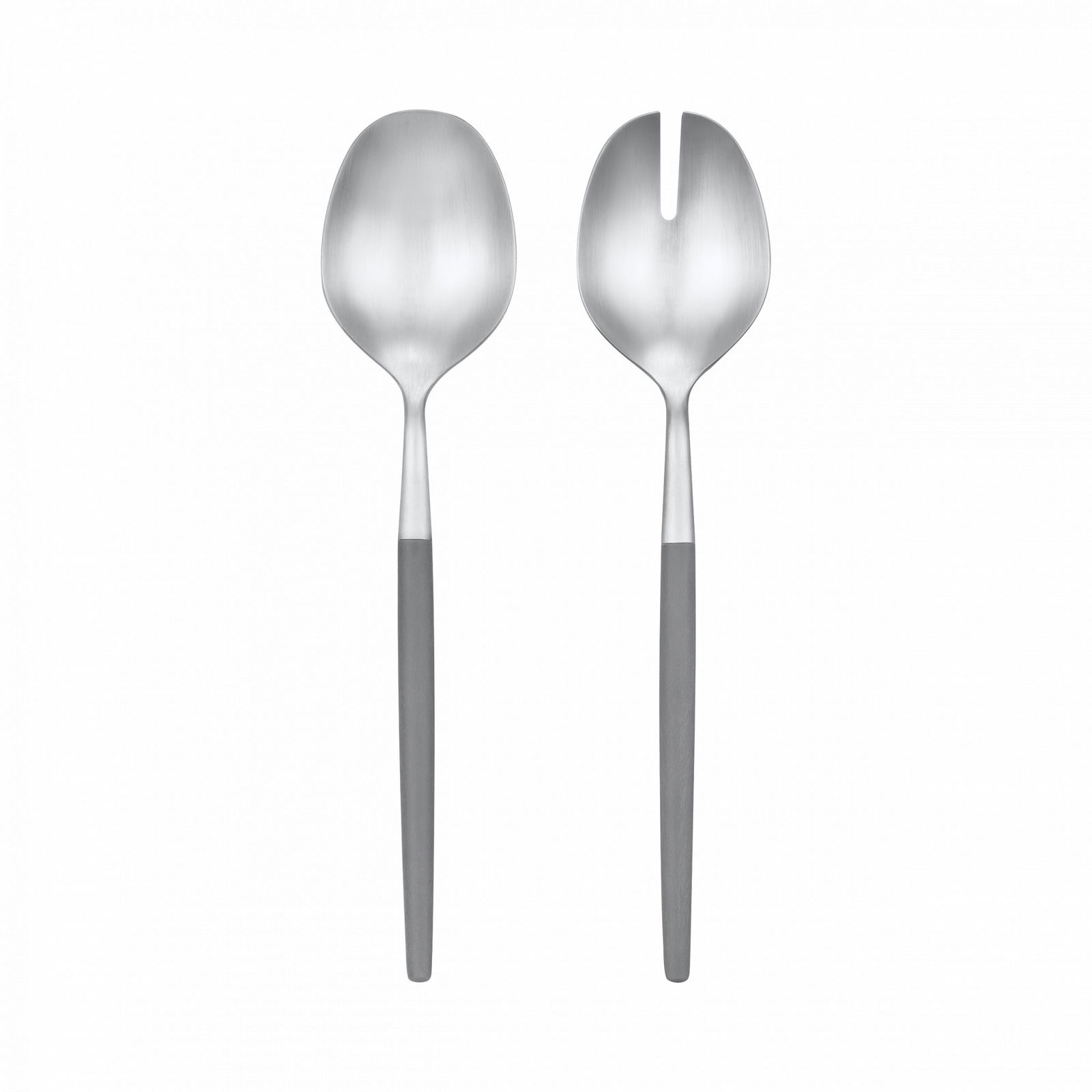 Modern stainless steel serving utensils with sleek design and contrasting handles.