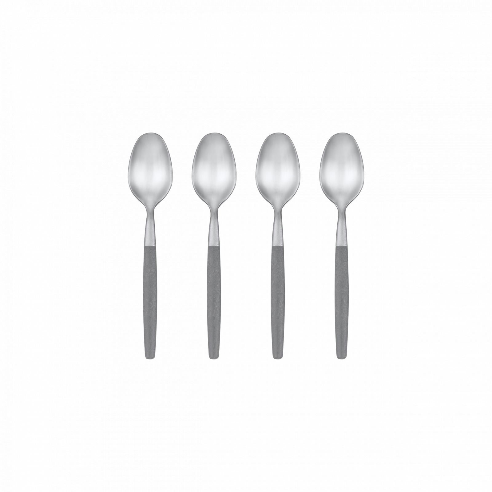 Four modern stainless steel spoons with ergonomic gray handles arranged in a row.