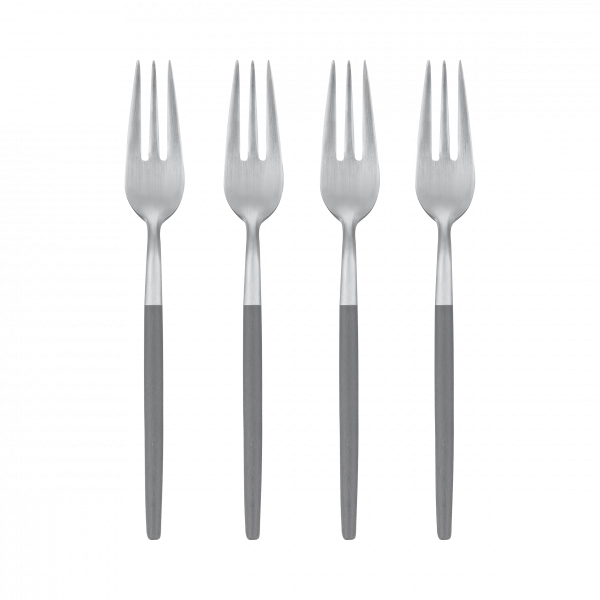 Set of four elegant stainless steel dinner forks on a black background.