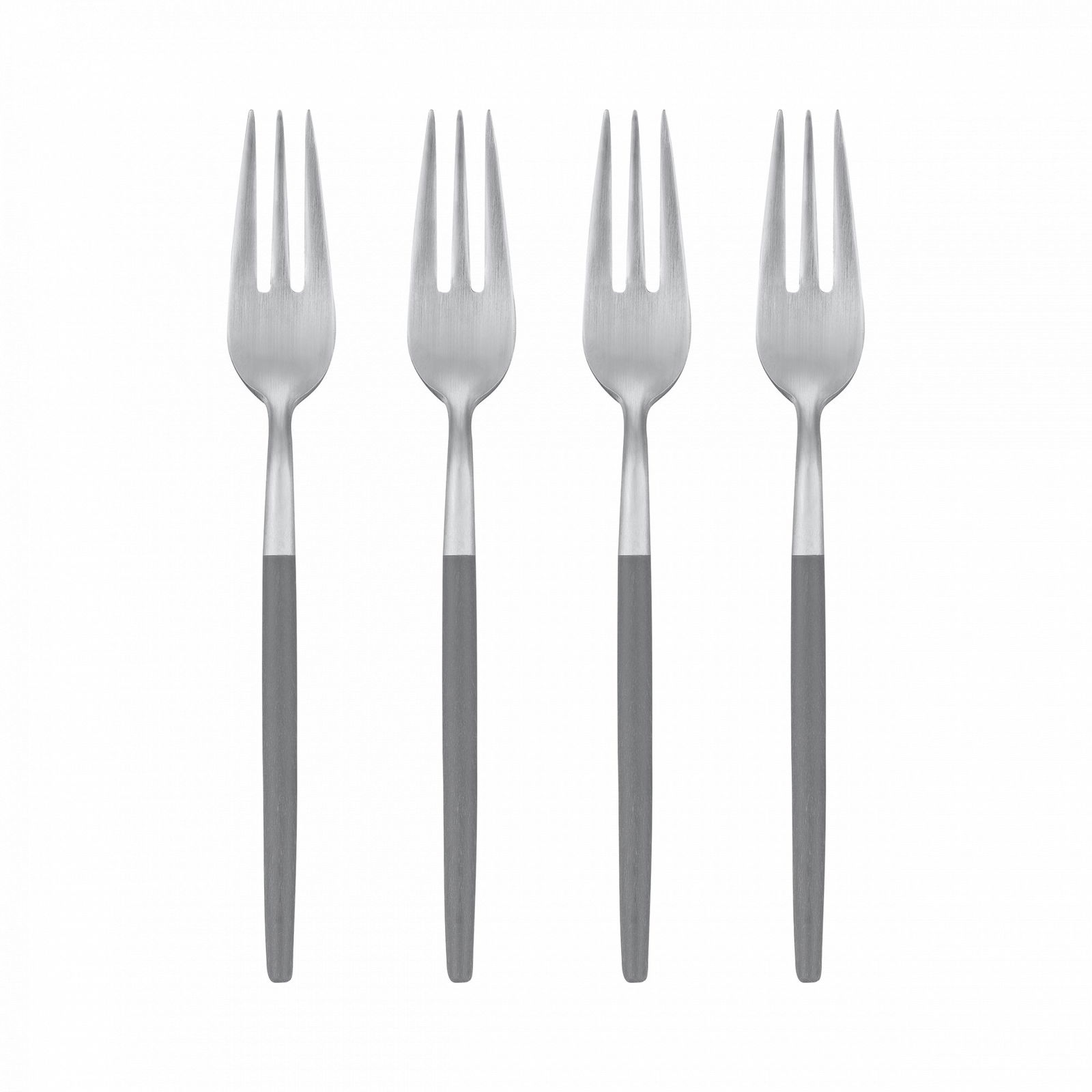 Set of four elegant stainless steel dinner forks on a black background.
