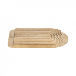 Elegant wooden serving board with curved design and smooth finish for kitchen use.