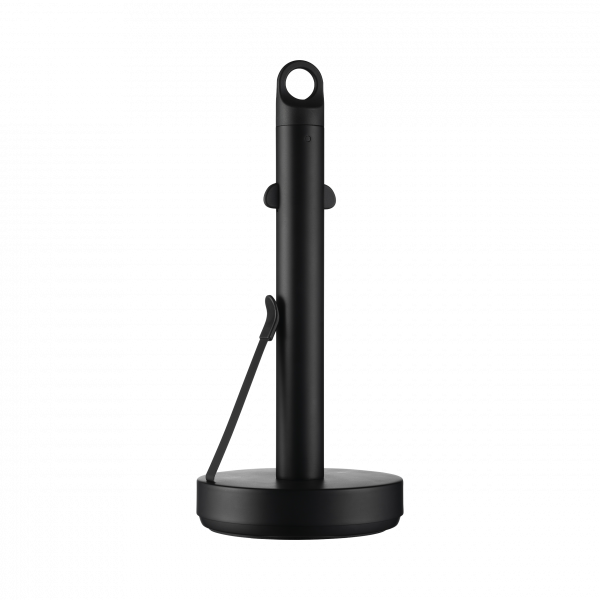 Elegante schwarze Tischlampe mit minimalistischen Design und verstellbarem Arm für gezielte Beleuchtung.