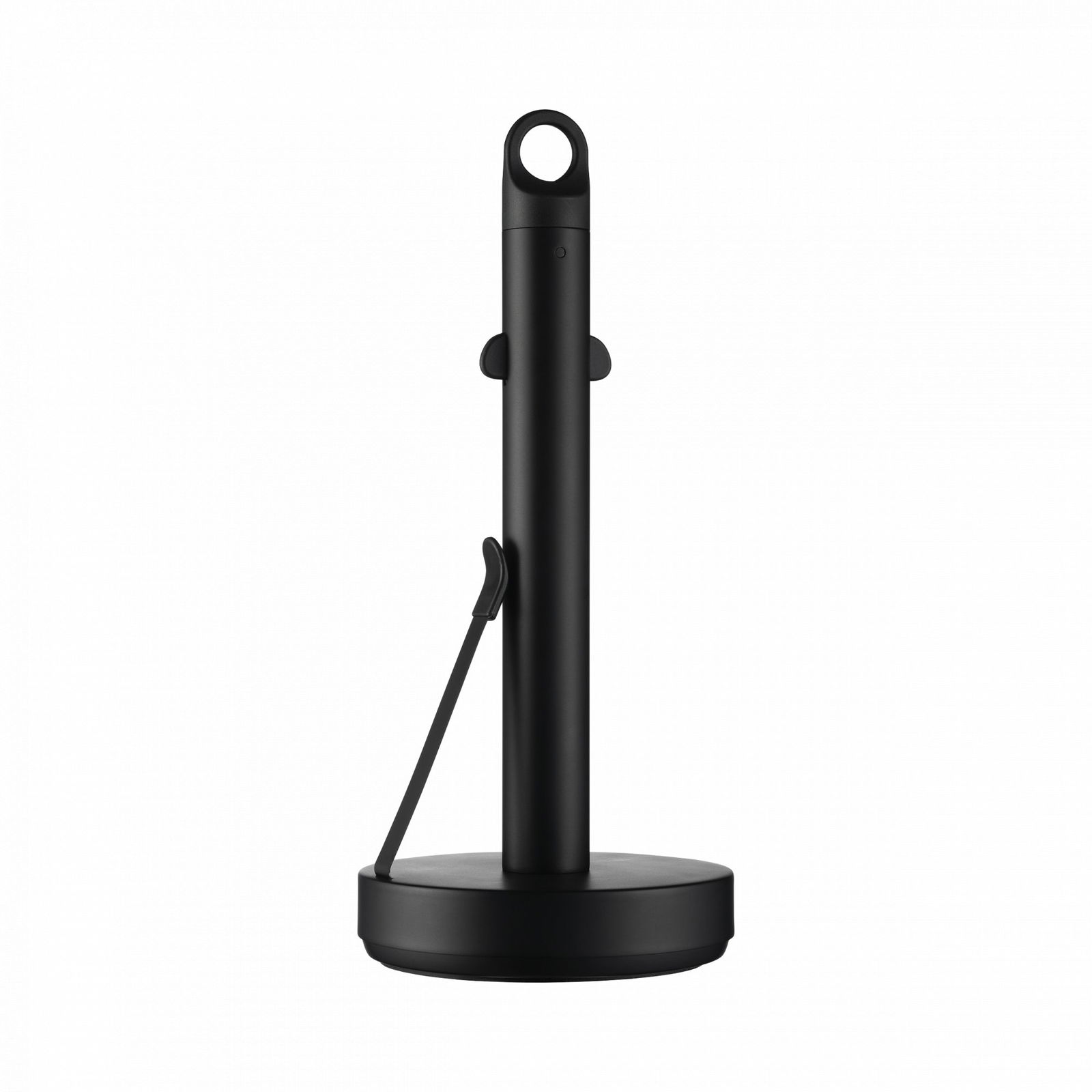 Elegante schwarze Tischlampe mit minimalistischen Design und verstellbarem Arm für gezielte Beleuchtung.