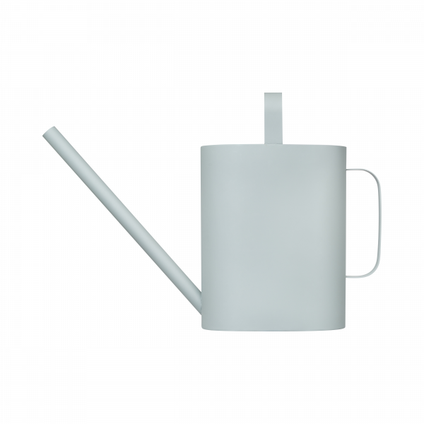Light gray metal watering can with a long spout and handle for easy plant care.
