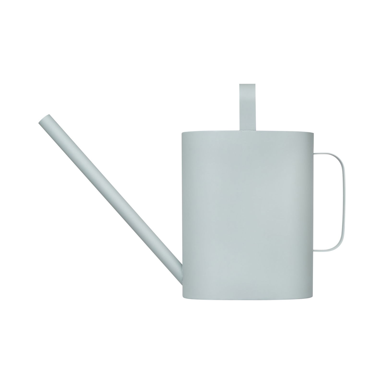 Light gray metal watering can with a long spout and handle for easy plant care.