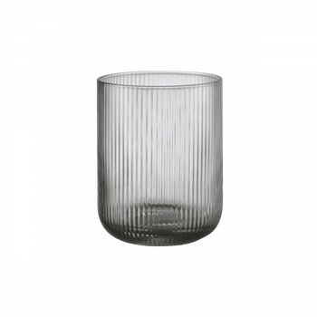 Elegant ribbed glass vase in smoky gray, perfect for contemporary decor.