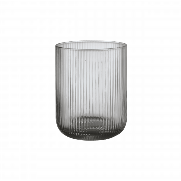 Elegant ribbed glass vase in smoky gray, perfect for contemporary decor.